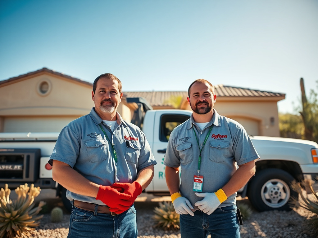 Spray foam insulation crew standing in front of a stucco desert home near Maricopa, Arizona