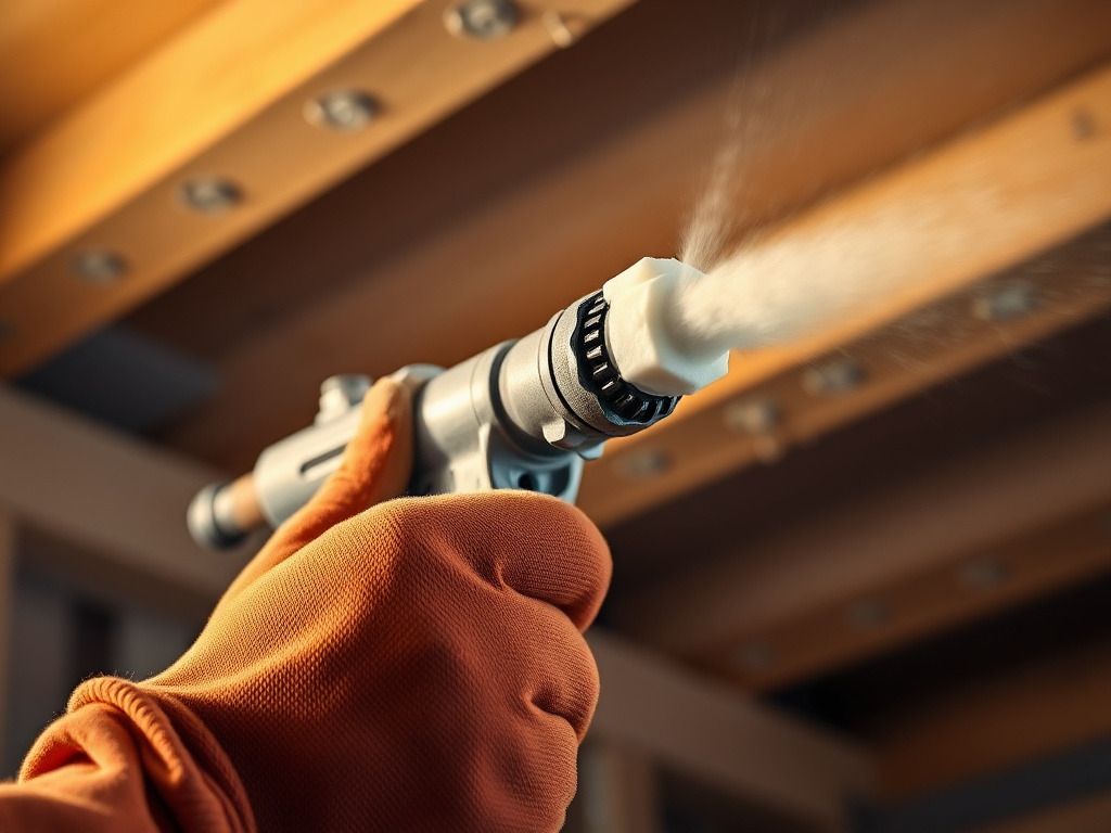 Close-up of a spray foam insulation gun applying cured foam texture